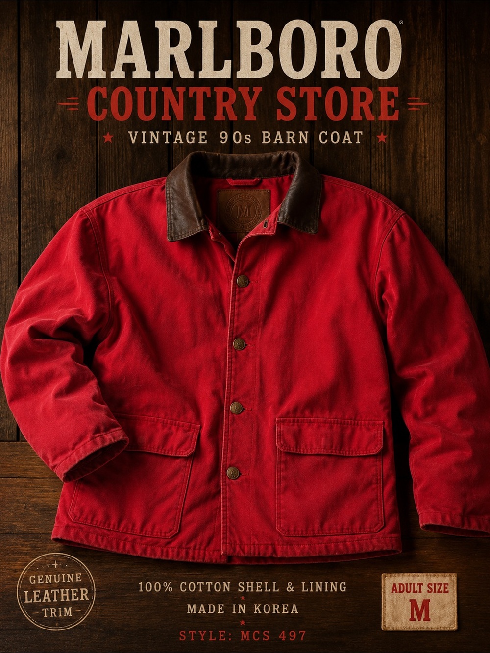 Vintage Marlboro Country Store MCS 497 Red Canvas Leather Collar Barn Coat M